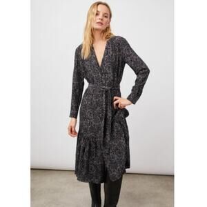 Rails Dress Size XS Beatrice Midi Charcoal Abstract Animal Belted Ruffle NEW